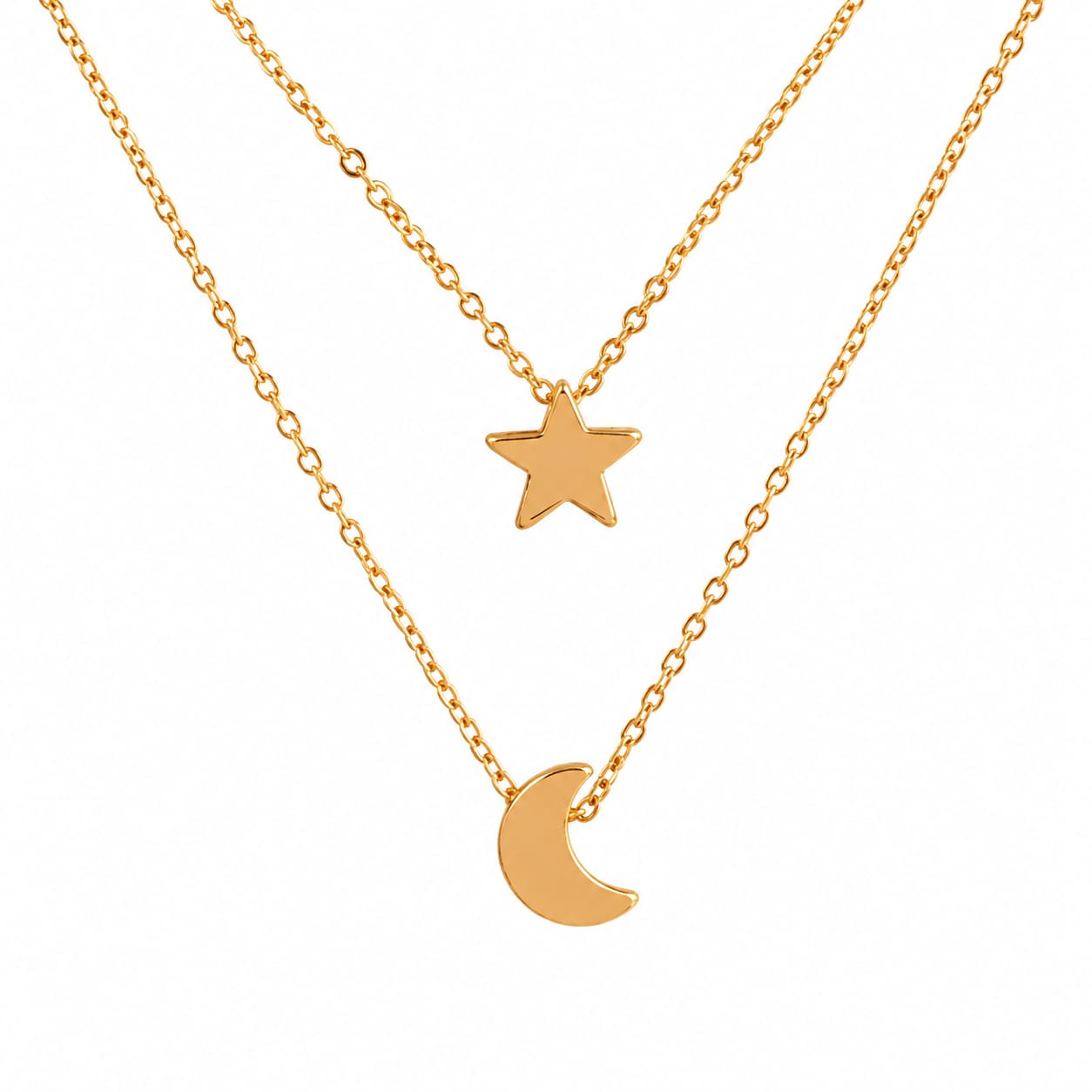 Star & Crescent Moon Layered Necklace – Minimalist Double Layer Pendant Necklace