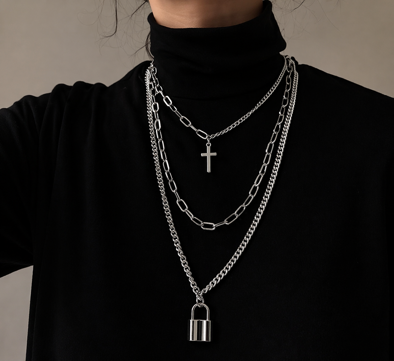 Urban Edge Layered Lock & Cross Necklace Set
