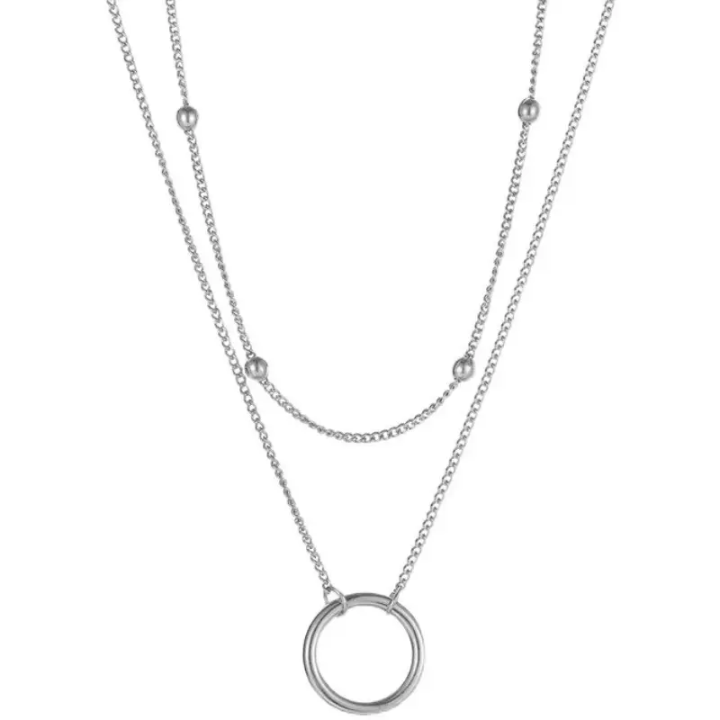 Double Layer Circle Pendant Necklace – Minimalist Beaded Chain Necklace