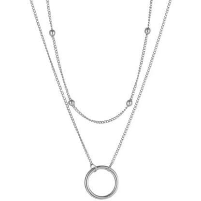 Double Layer Circle Pendant Necklace – Minimalist Beaded Chain Necklace