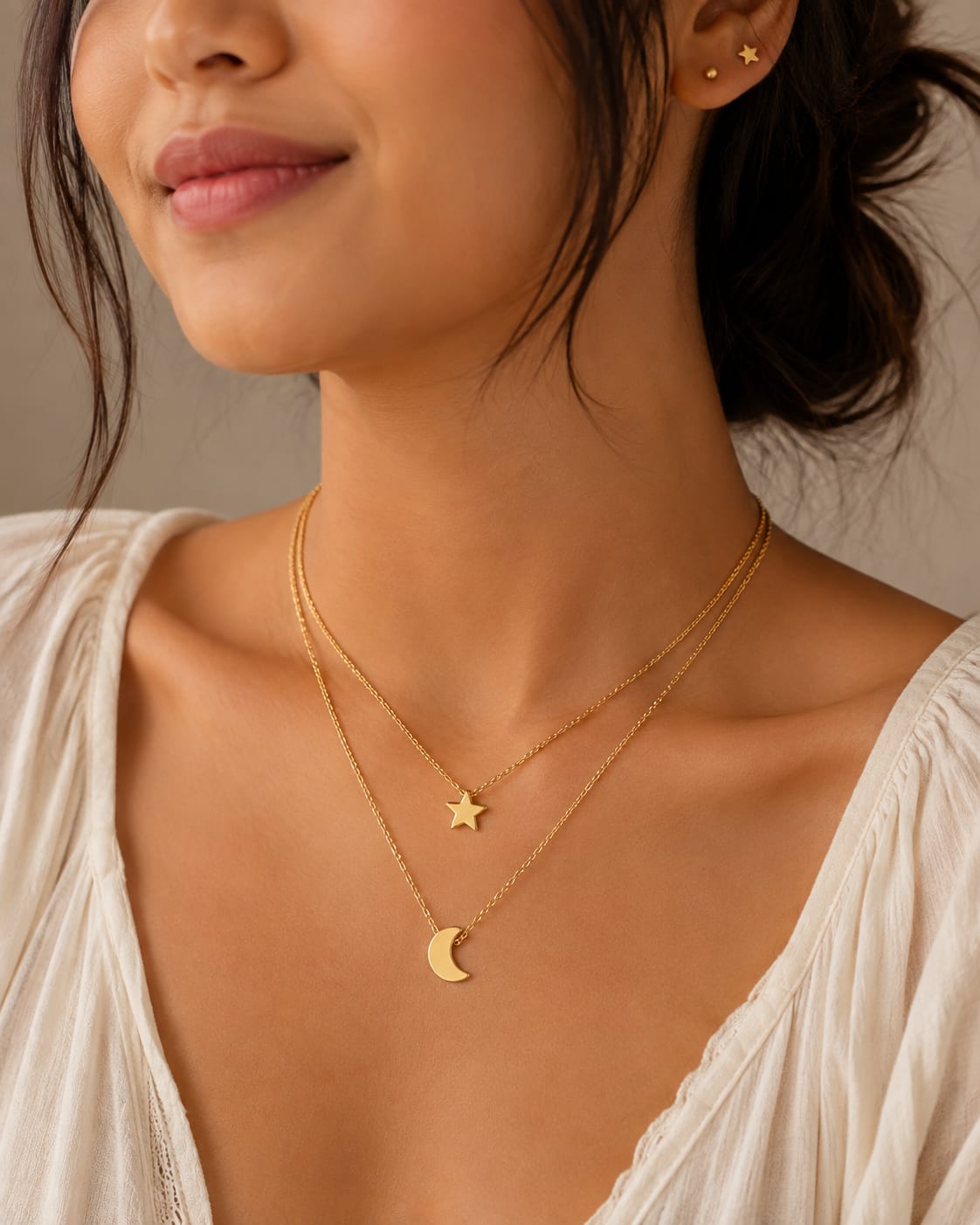 Star & Crescent Moon Layered Necklace – Minimalist Double Layer Pendant Necklace