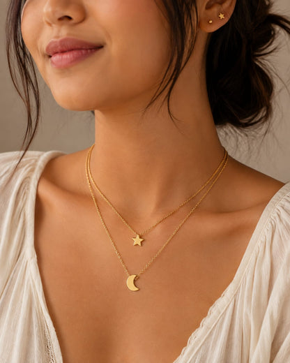 Star & Crescent Moon Layered Necklace – Minimalist Double Layer Pendant Necklace