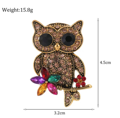 Vintage Owl Crystal Brooch