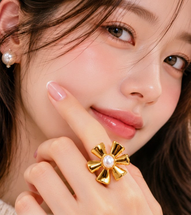 Pearl Flower Statement Ring – Gold Tone Floral Ring for Women