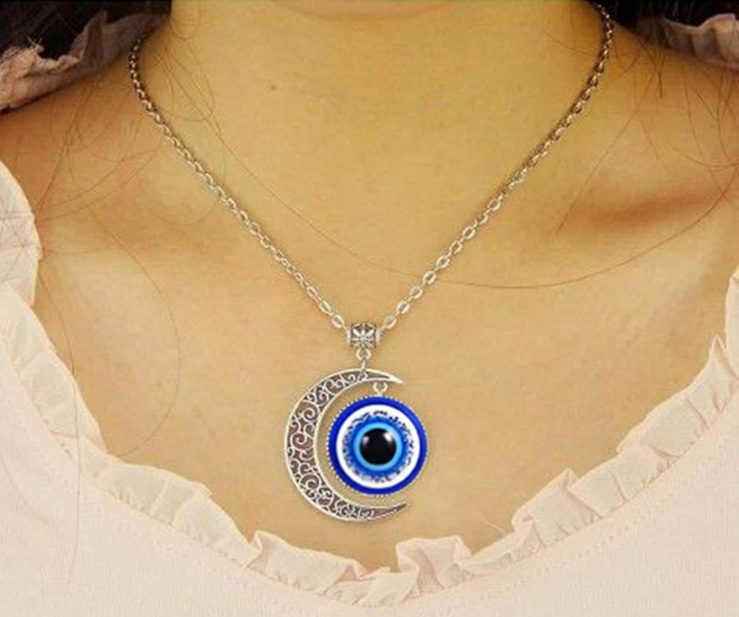 Evil Eye Crescent Moon Pendant Necklace