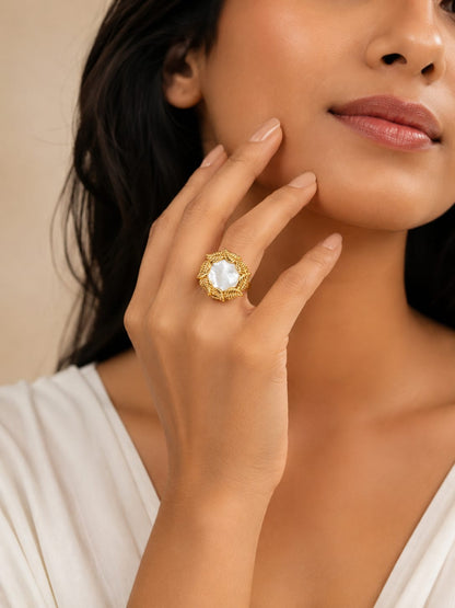 Mother of Pearl Leaf Ring – Elegant Floral Statement Ring for Women