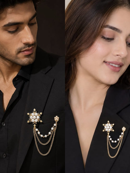 Elegant Pearl Floral Chain Brooch – Unisex Statement Lapel Pin