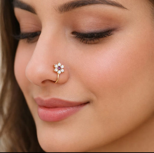 Gold Floral Nose Ring with Purple Gemstone