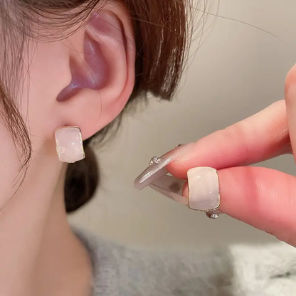 White Marble-Style Rectangle Stud Earrings – Minimalist Gold-Tone Earrings