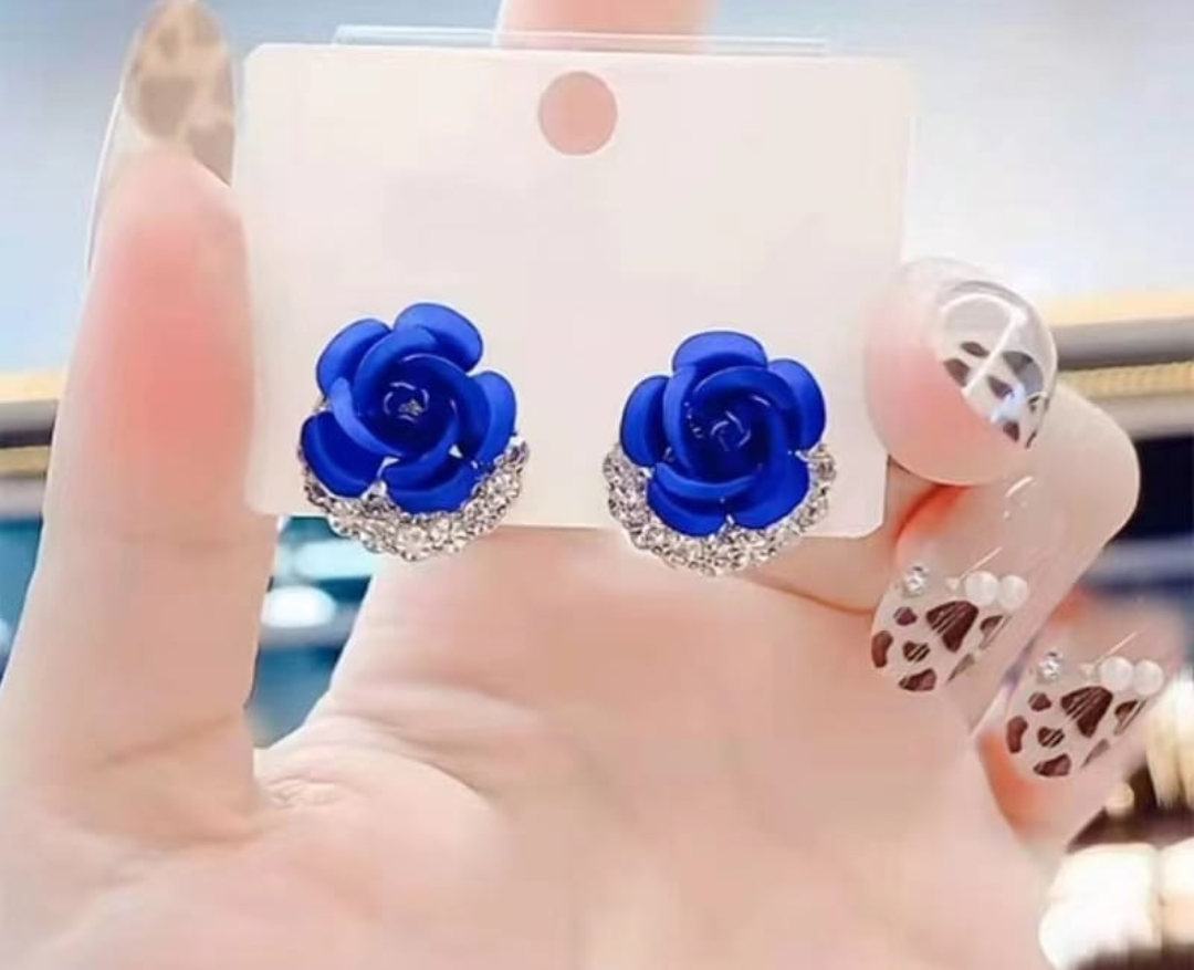 Royal Blue Rose Crystal Stud Earrings