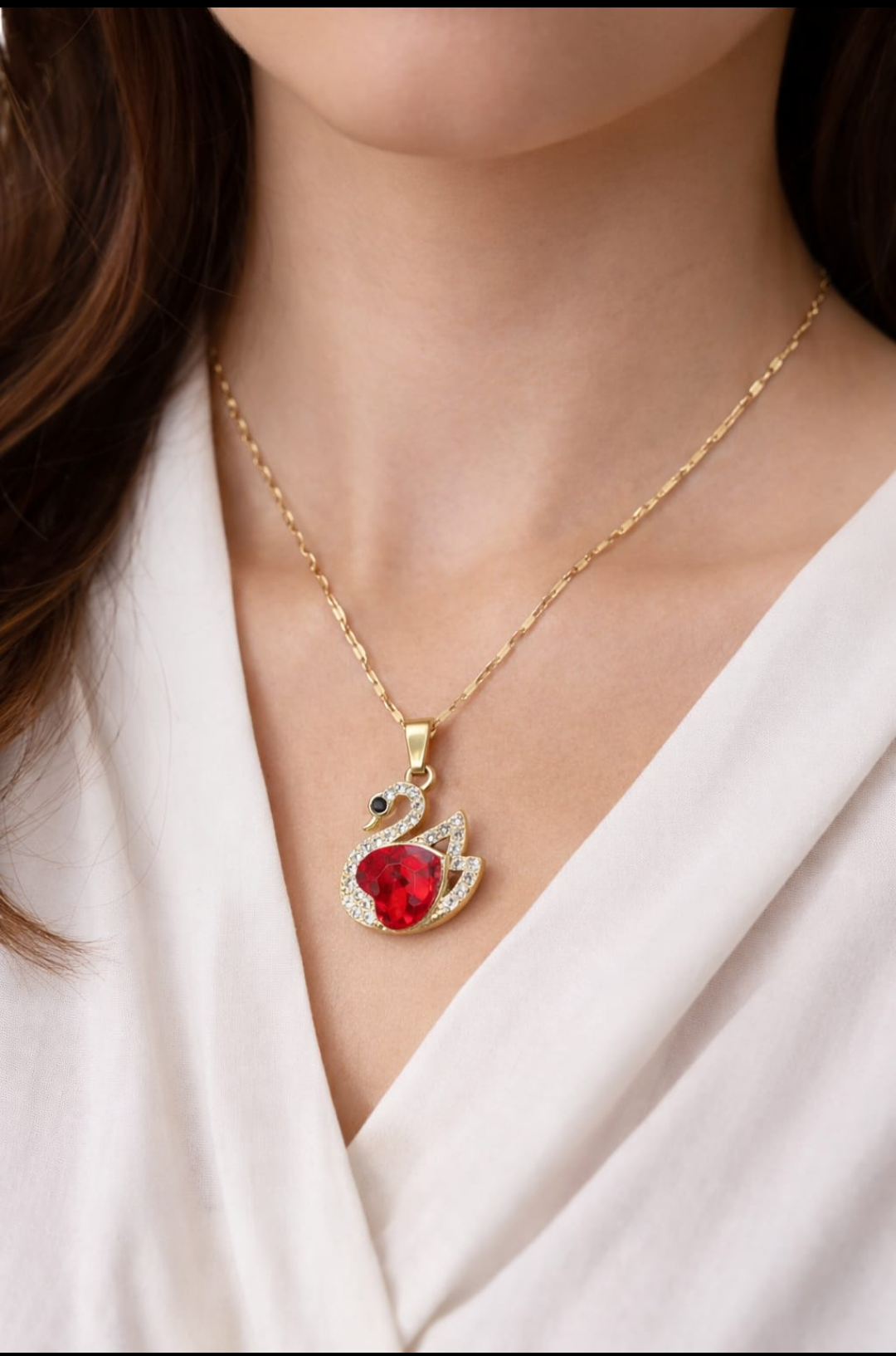 Golden Swan Ruby Heart Pendant Necklace
