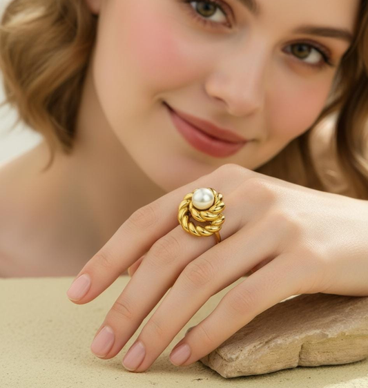 Golden Twist Pearl Halo Ring