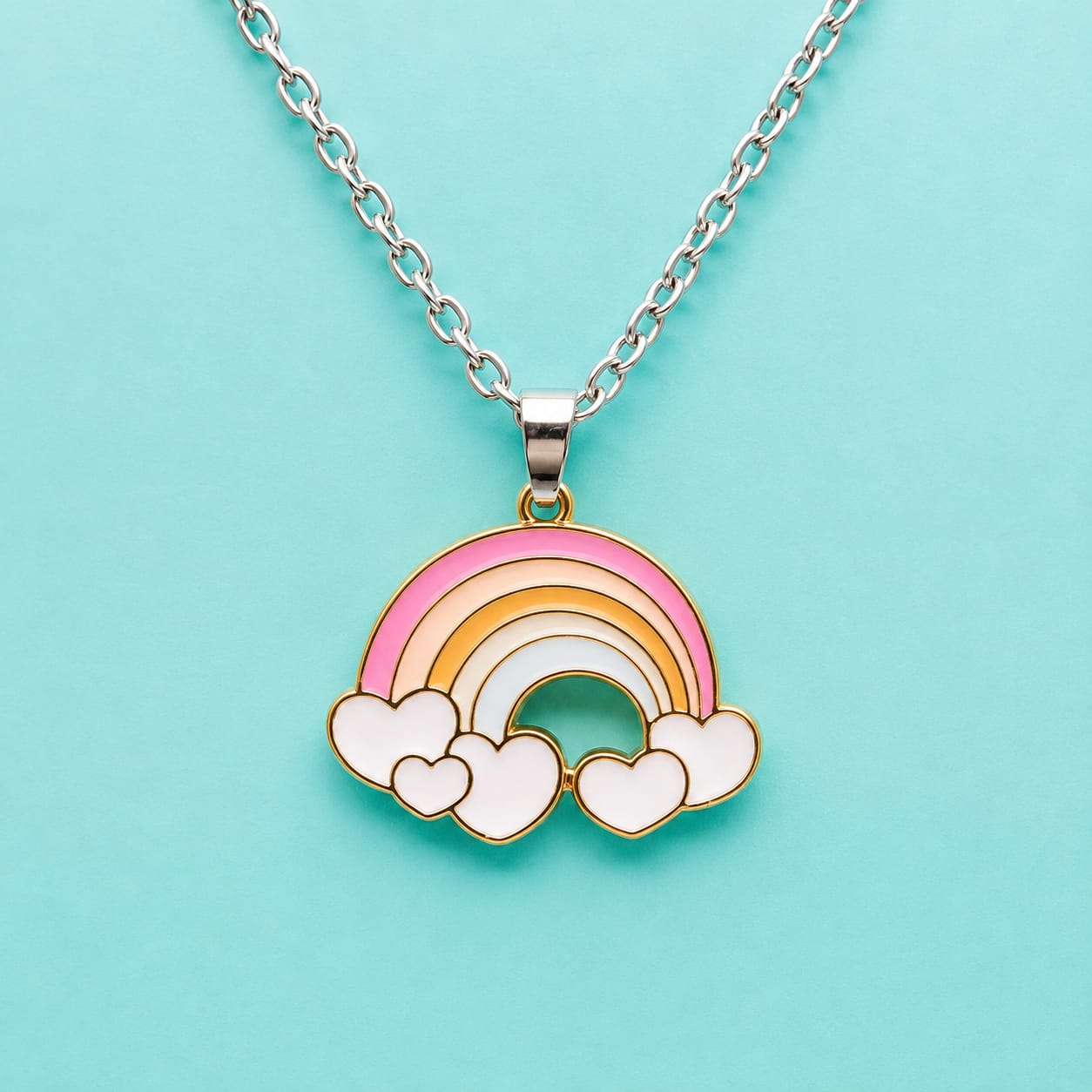 Rainbow & Heart Pendant Necklace – Cute Enamel Rainbow Charm Necklace for Women & Girls