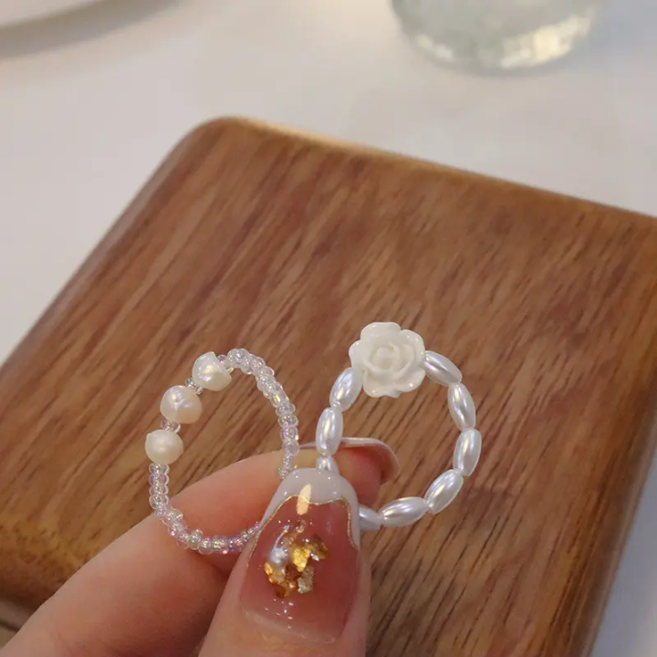 Pearl Flower Ring Set – Elegant White Pearl Floral Rings