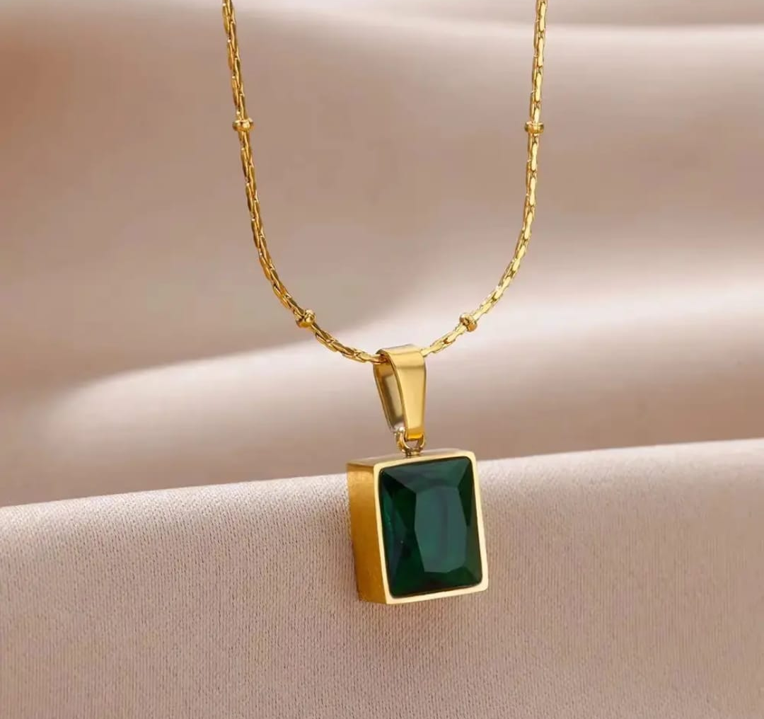 Gold Rectangular Crystal Pendant Necklace