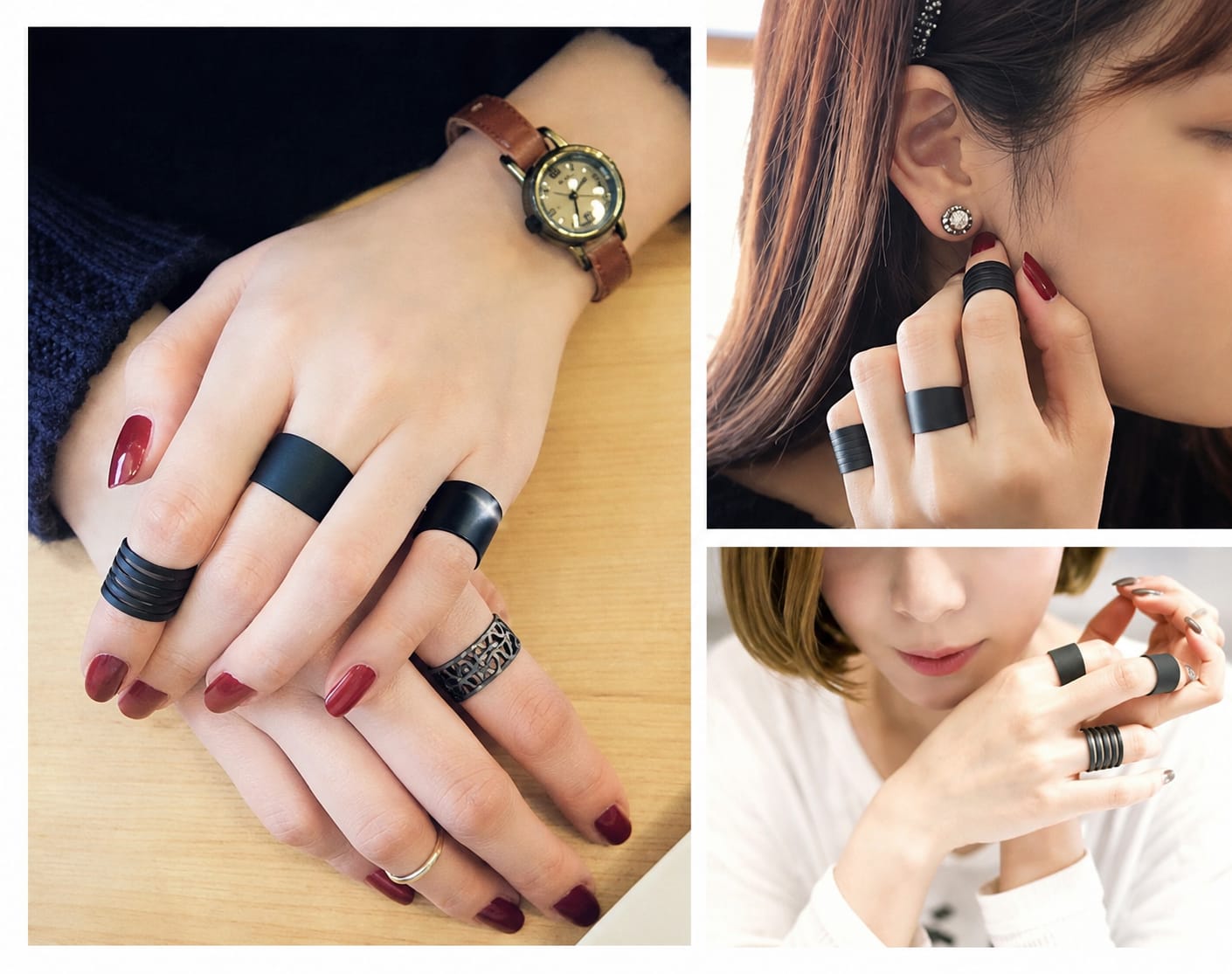 Black Minimalist Statement Ring – Adjustable Wide Band Fashion Ring for Women