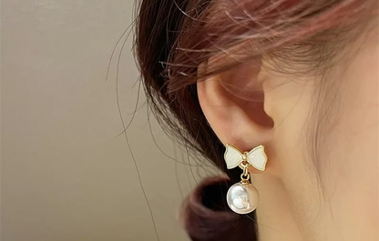 Elegant Bow Pearl Drop Earrings