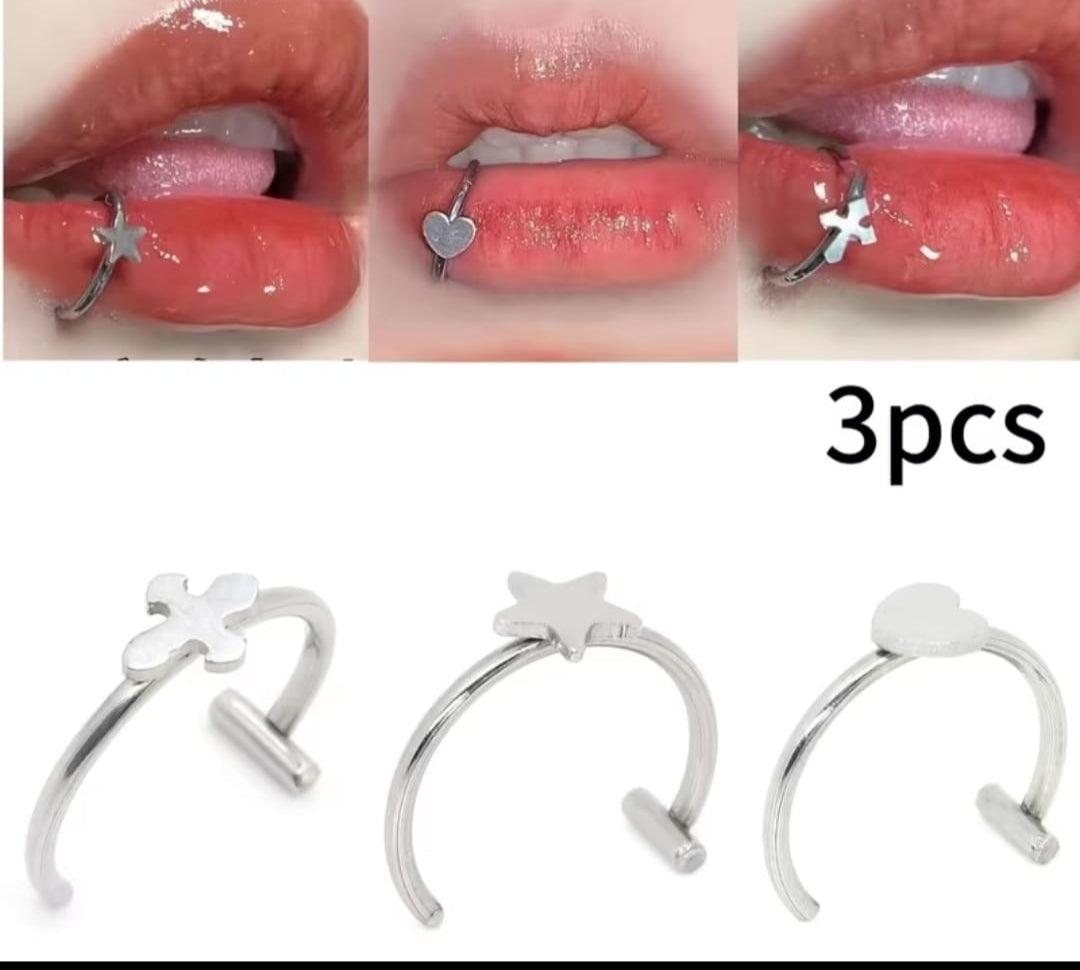 3-Piece Silver Lip Ring Set – Star, Heart & Cross