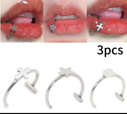 3-Piece Silver Lip Ring Set – Star, Heart & Cross