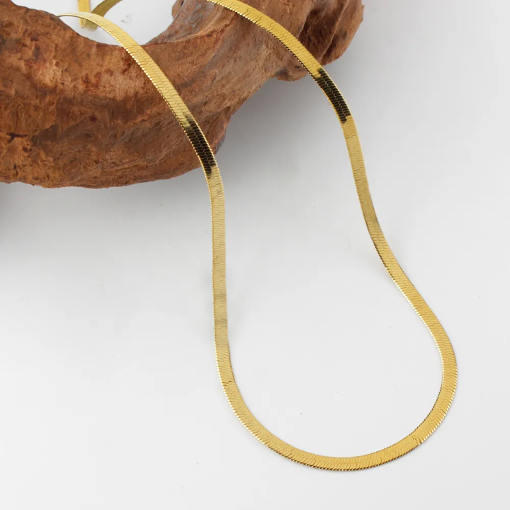 Gold Tone Herringbone Chain Necklace – Minimalist Flat Snake Chain