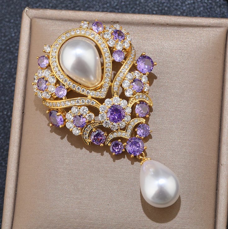Elegant Pearl & Purple Crystal Statement Brooch