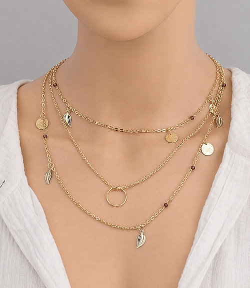 Boho Layered Leaf & Coin Charm Necklace
