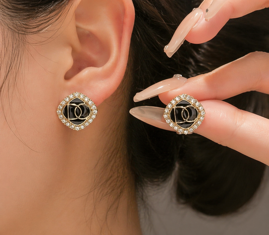 Luxury Black & Gold Crystal Stud Earrings