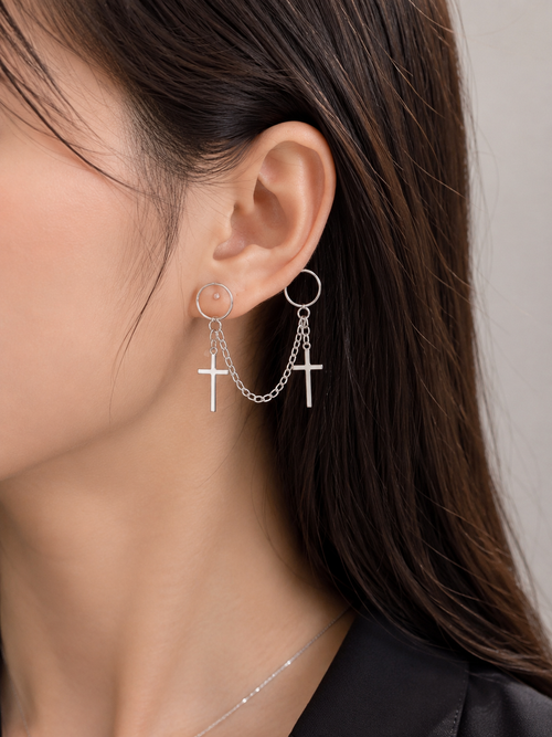 Silver Cross Chain Earringsj