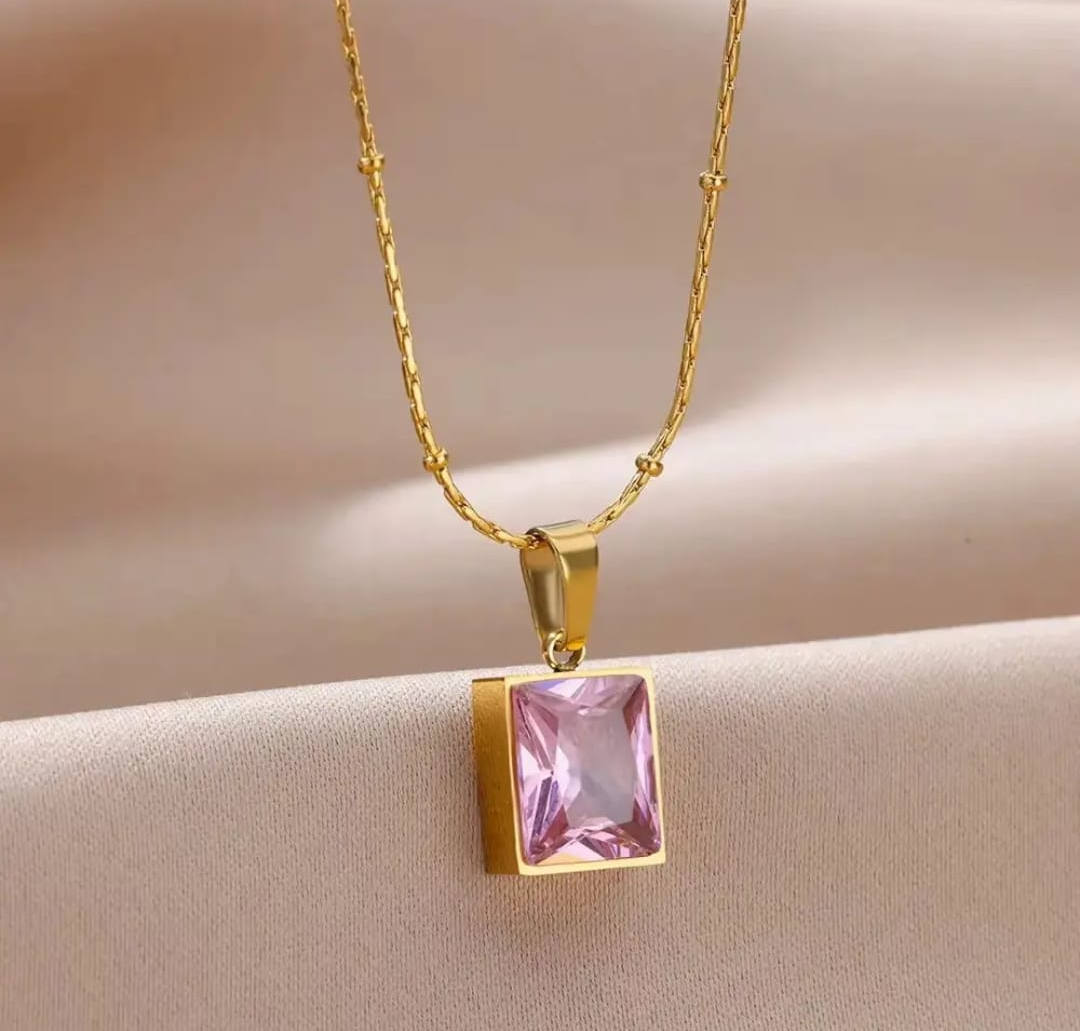 Gold Rectangular Crystal Pendant Necklace