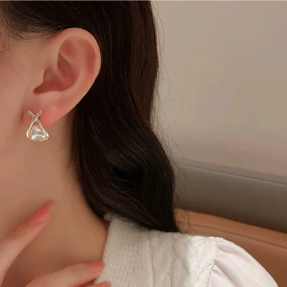 Elegant Pearl Triangle Stud Earrings with Gold-Tone Cross Design