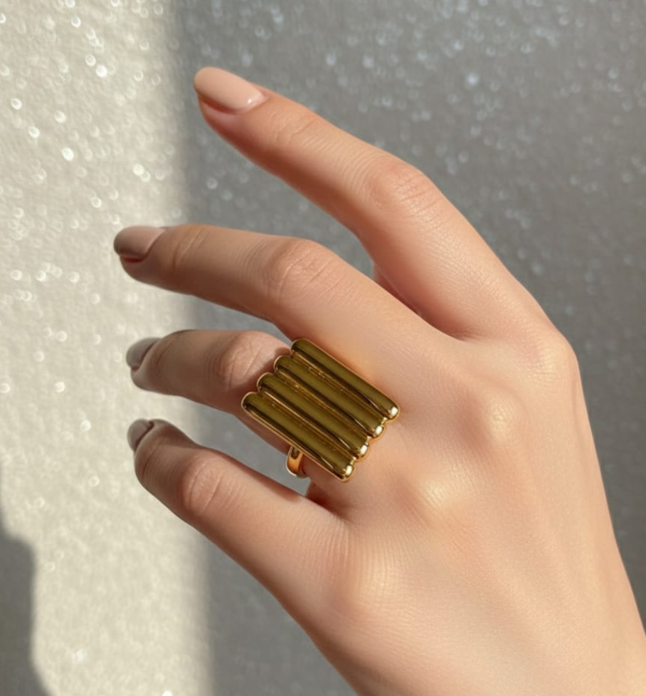 Modern Ribbed Golden Bar Statement Ring