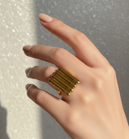 Modern Ribbed Golden Bar Statement Ring