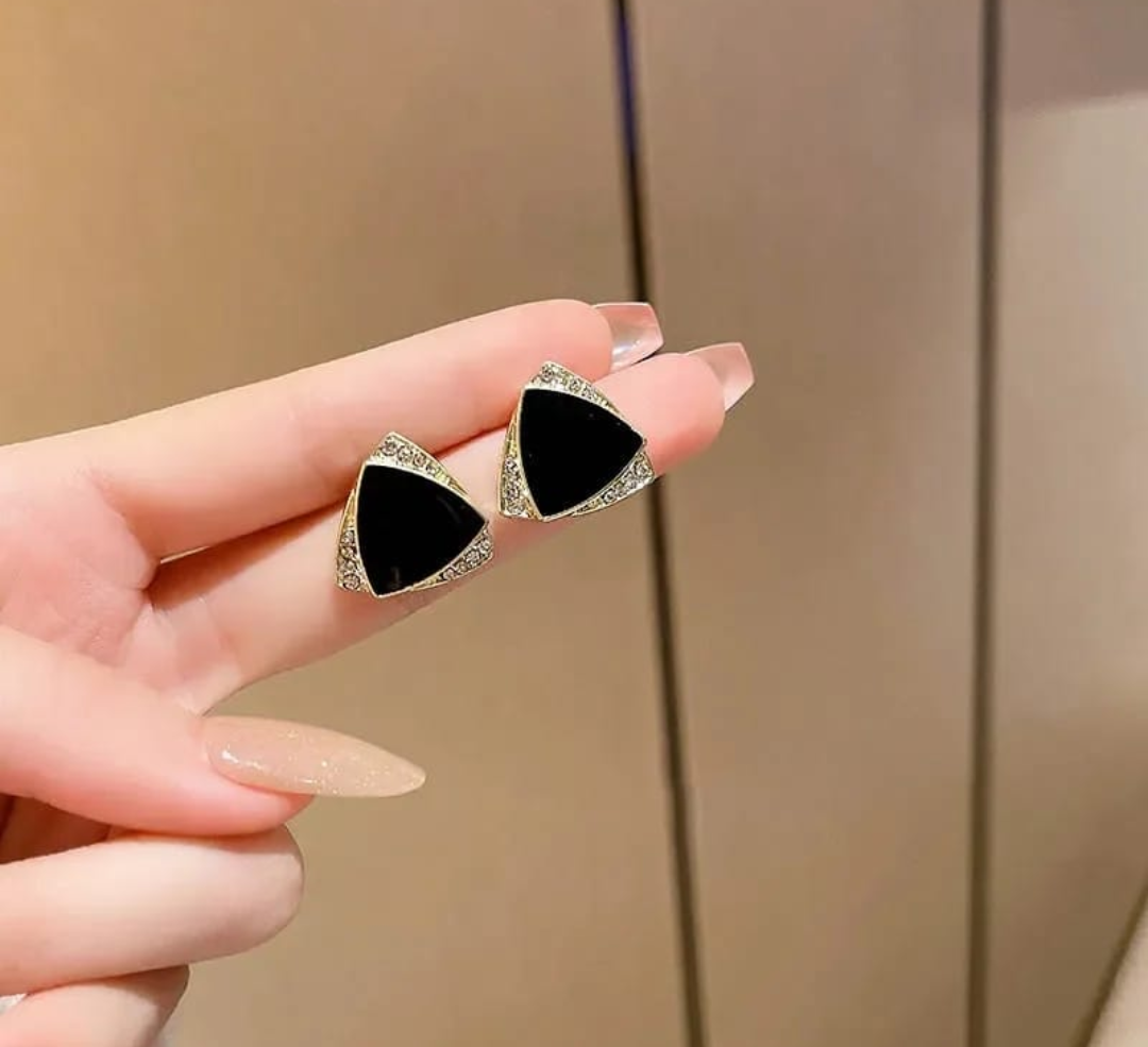 Geometric Black Triangle Crystal Stud Earrings