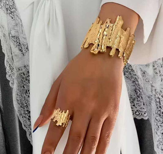 Abstract Melted Gold Cuff Bracelet & Ring