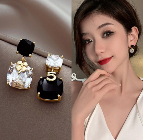 Luxury Black & Crystal Charm Drop Earrings