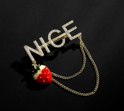 Chic “NICE” Strawberry Chain Brooch