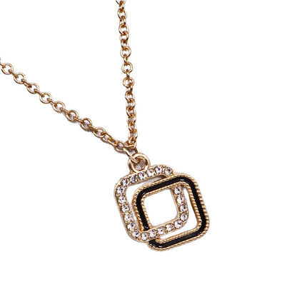 Elegant Black & Crystal Double Square Pendant Necklace
