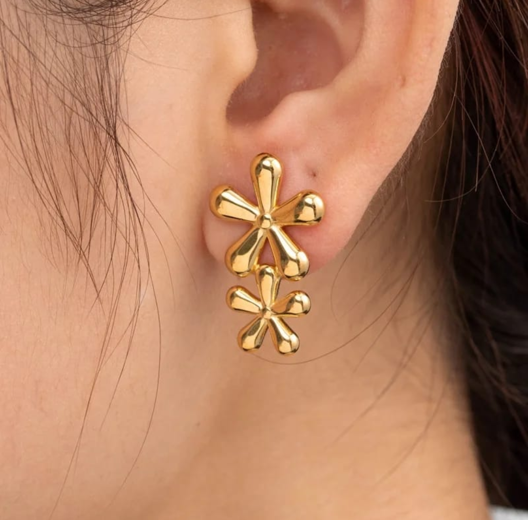 Double Flower Gold Drop Earring