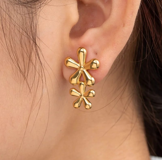 Double Flower Gold Drop Earring