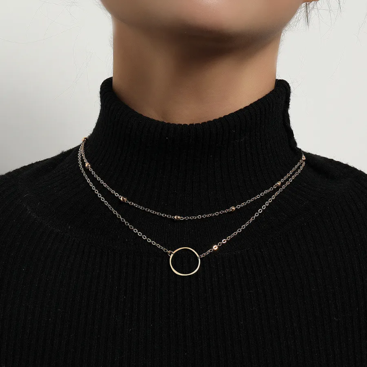 Double Layer Circle Pendant Necklace – Minimalist Beaded Chain Necklace
