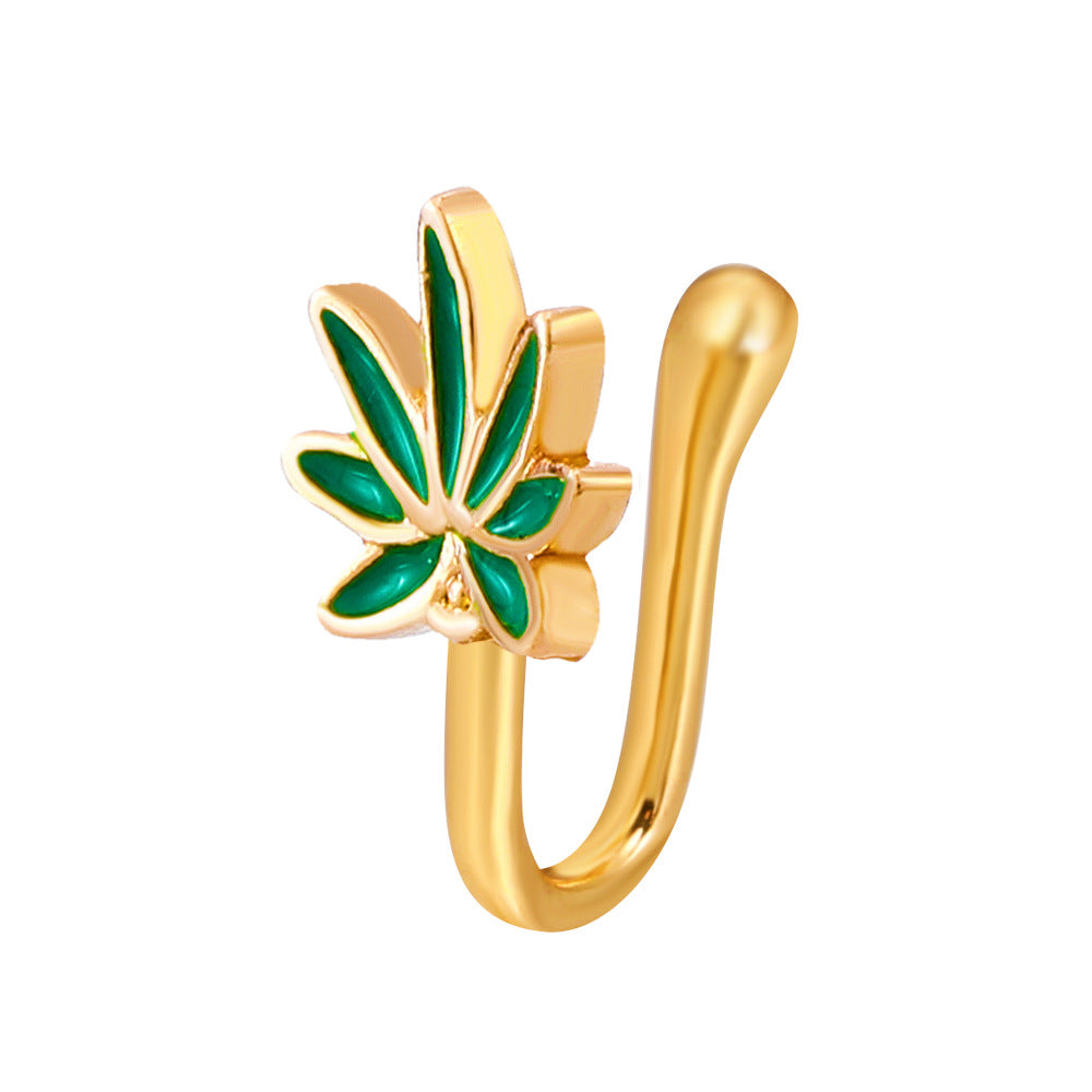 Green Leaf Gold-Tone Nose Pin – Elegant Nature-Inspired Nose Stud for Women