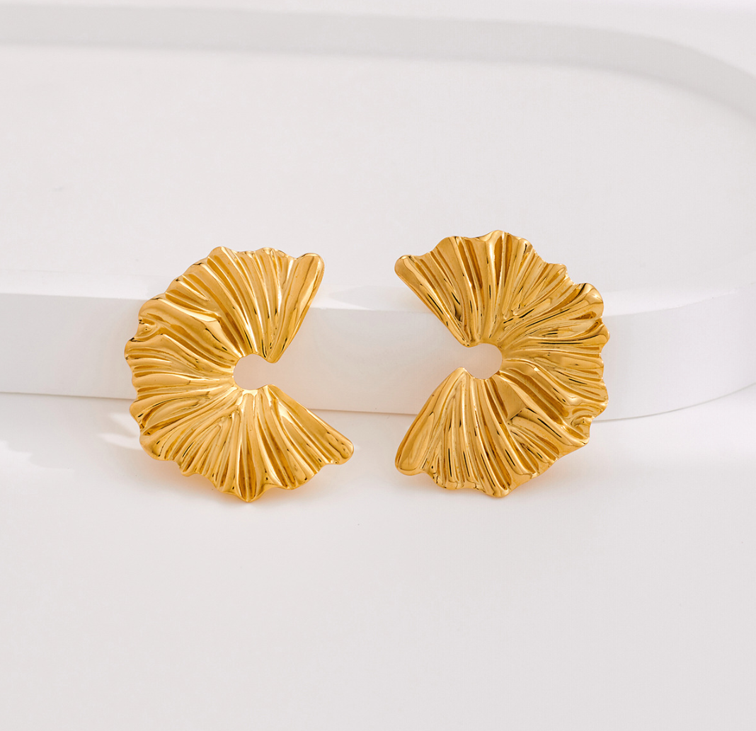 Gold Sculpted Fan Statement Earrings