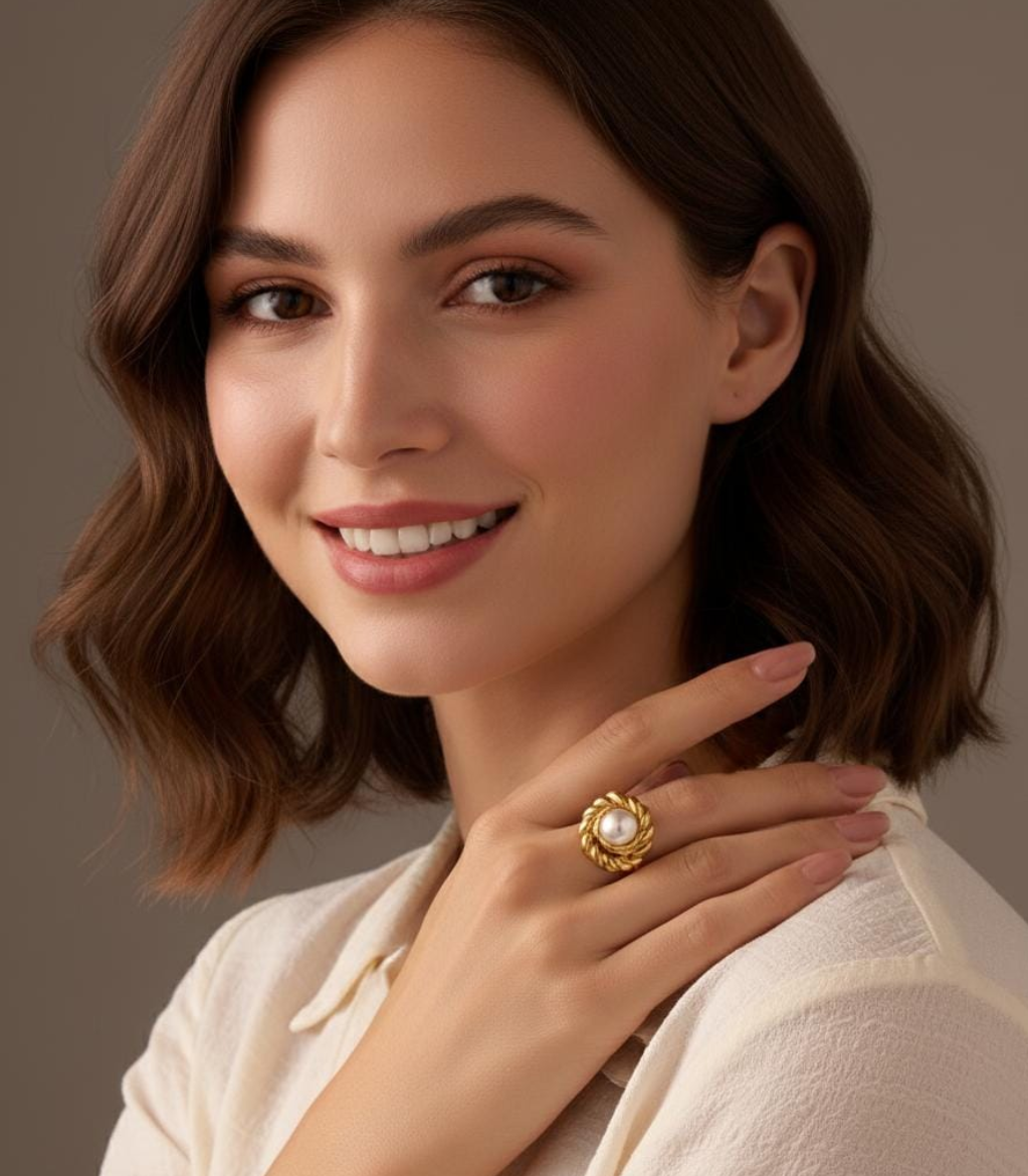 Golden Twist Pearl Halo Ring