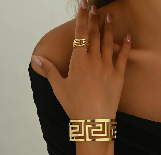 Greek Key (Meander) Gold Cuff Bracelet & Ring