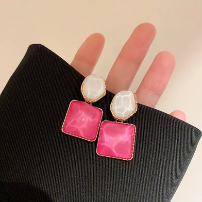 Pink & White Statement Drop Earrings – Elegant Geometric Fashion Earrings
