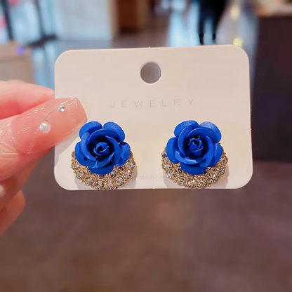 Blue Rose Stud Earrings – Elegant Floral Crystal-Accent Earrings for Women