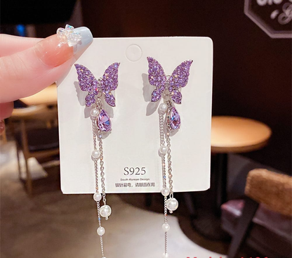 Crystal Butterfly Tassel Earrings