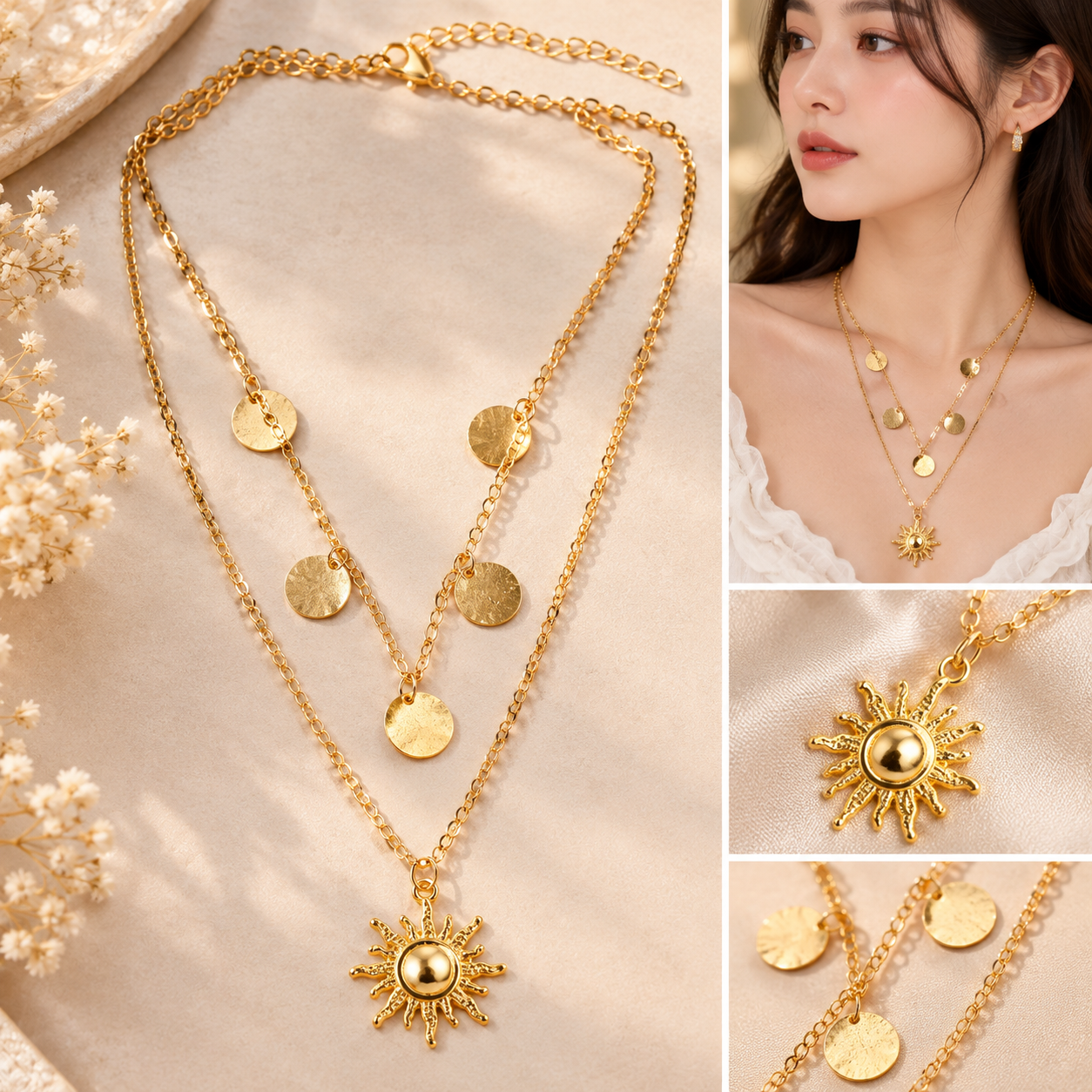 Silver Sun Pendant Layered Necklace – Minimalist Disc Charm Statement Necklace