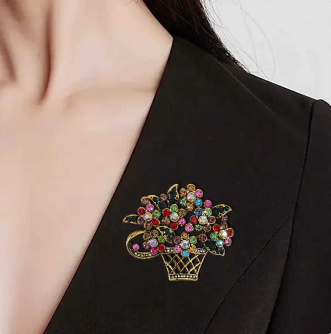 Elegant Floral Basket Brooch – Multicolor Crystal Lapel Pin
