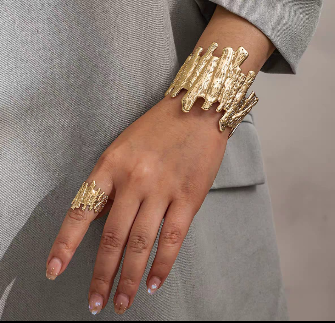 Abstract Melted Gold Cuff Bracelet & Ring